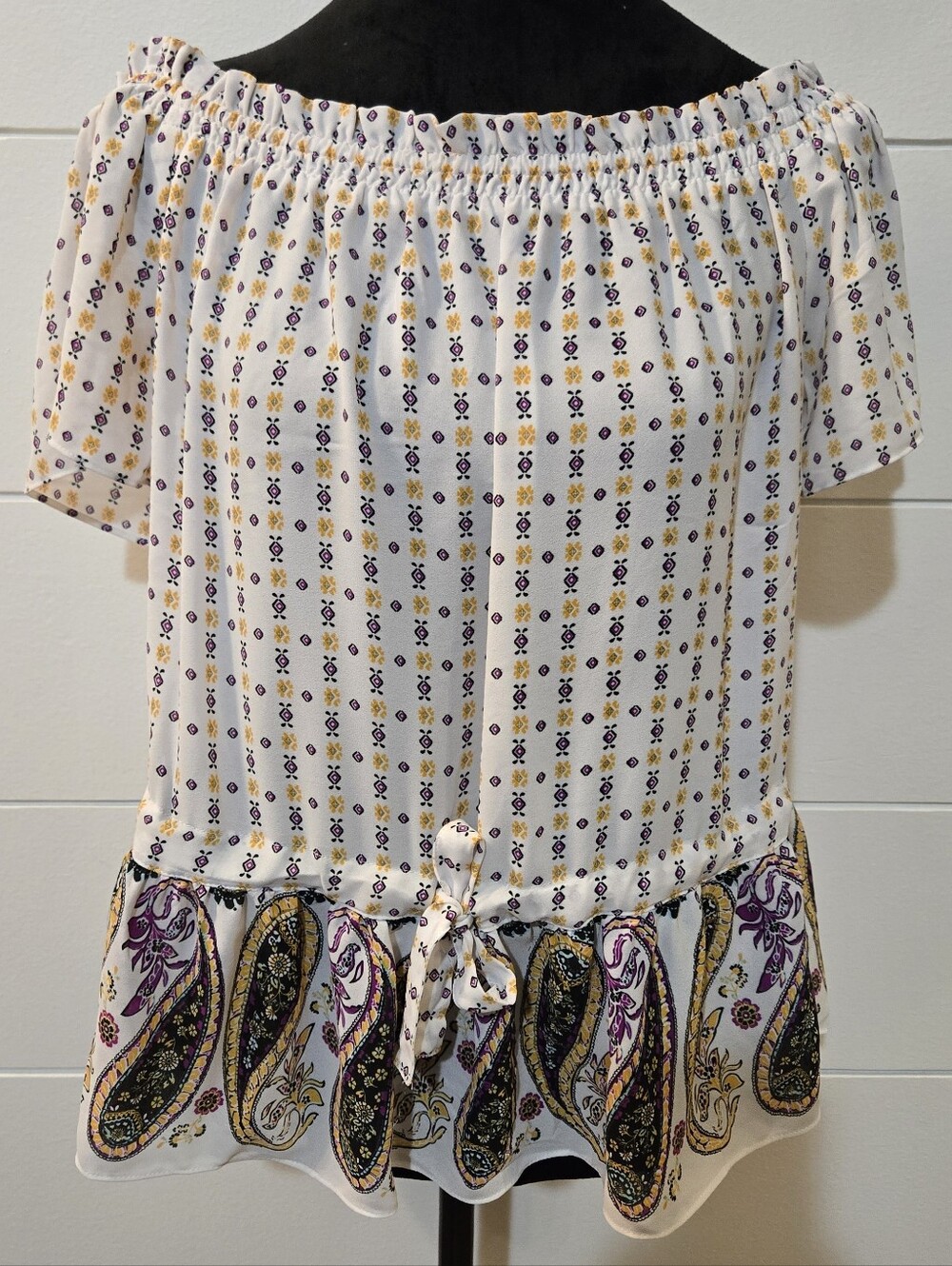 CeCe White Off-Shoulder Paisley Tie-Front Tunic with Purple and Gold Print